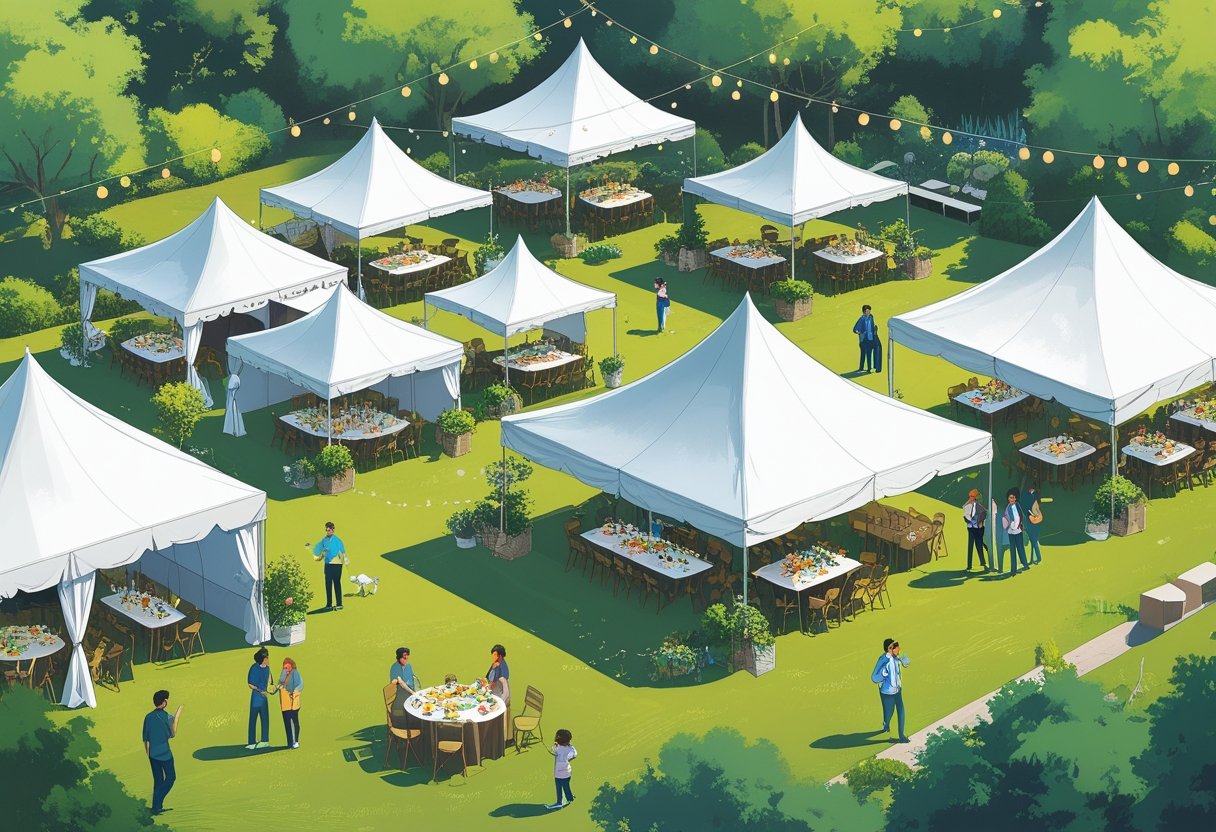 An outdoor event with multiple tents arranged to create different activity areas, with people socializing, eating, and children playing in a park setting.