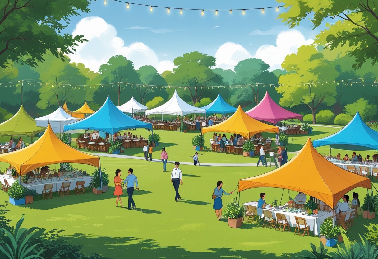 Outdoor event with multiple colorful tents set up in a park where diverse guests are enjoying different activities and socializing.