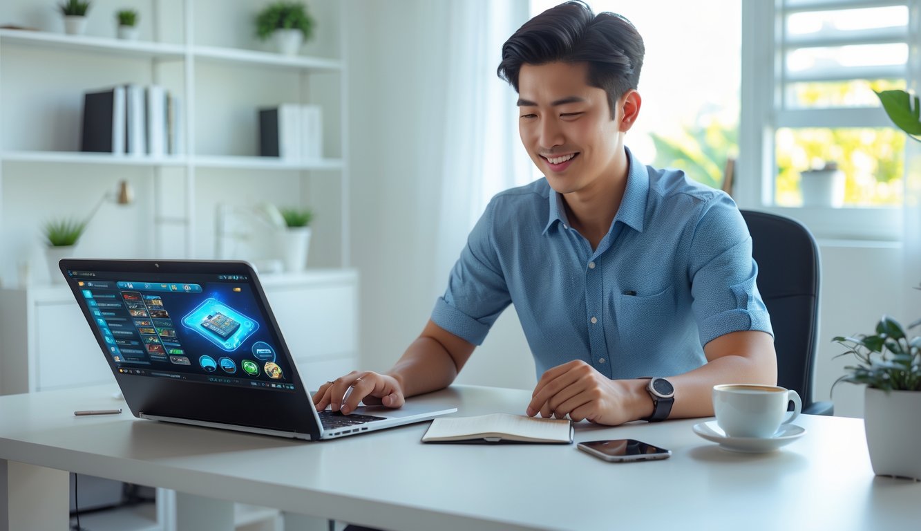 Seorang pria muda duduk di meja dengan laptop sedang bermain permainan kartu online, terlihat fokus dan santai di ruang kerja rumah yang terang.