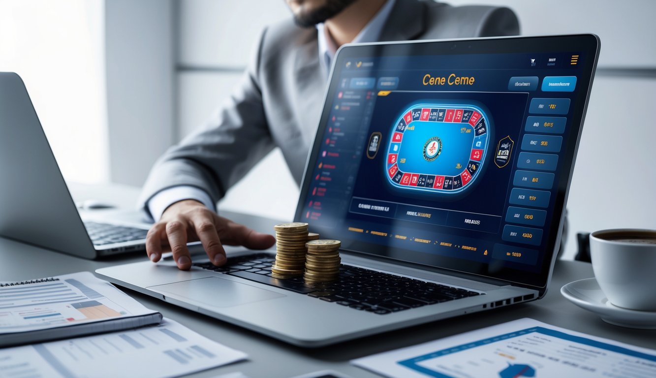 Seseorang menggunakan laptop dengan tampilan permainan Ceme online di meja kerja yang rapi dan terang.