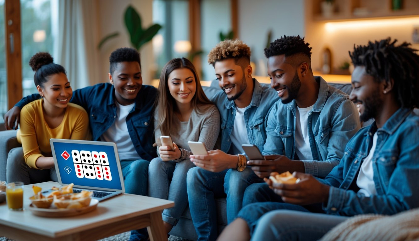 Sekelompok orang muda sedang bermain domino secara online di ruang tamu yang nyaman dengan perangkat digital.