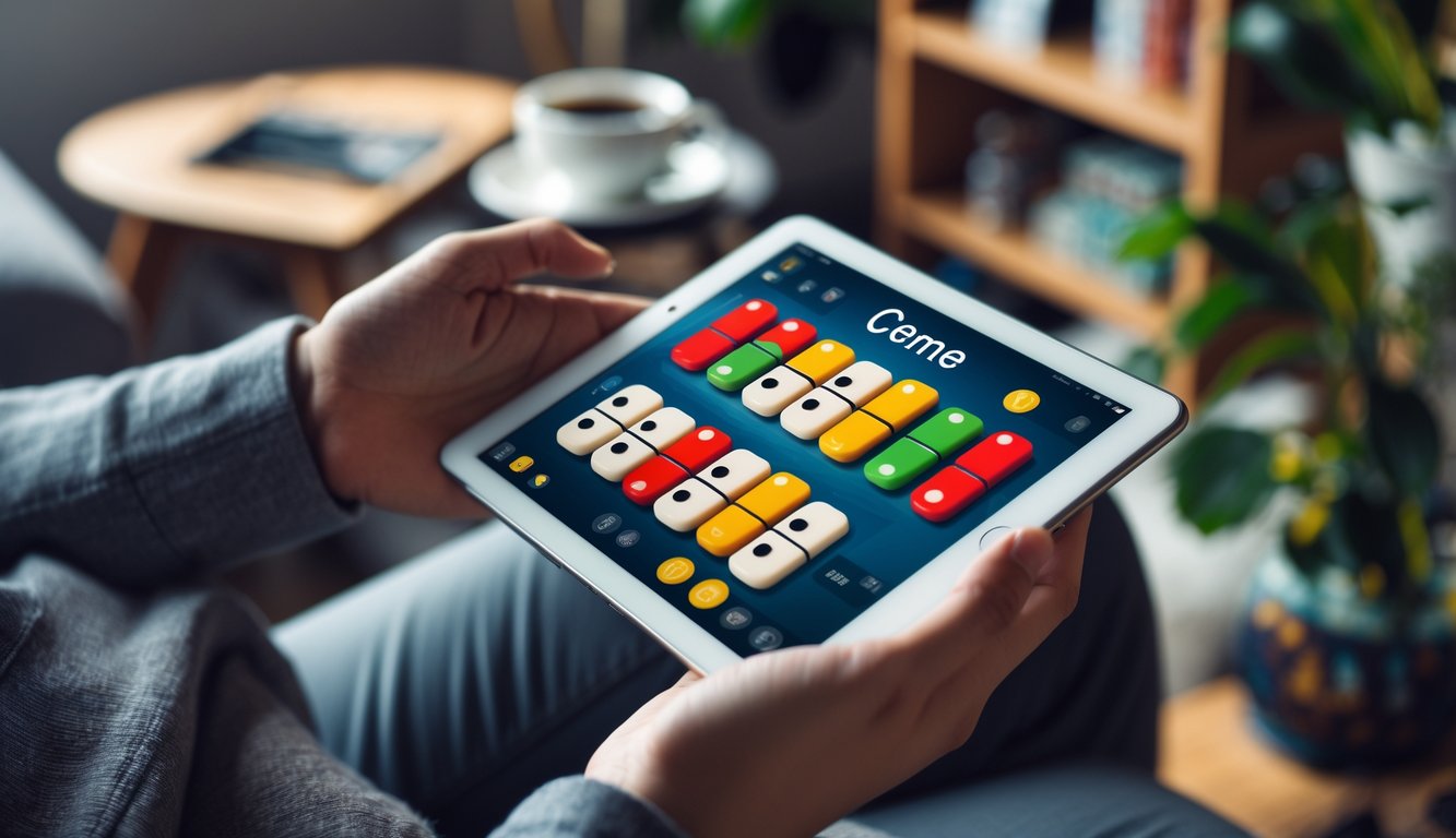 Seseorang memegang tablet yang menampilkan permainan domino Ceme dengan latar belakang suasana nyaman di dalam ruangan.