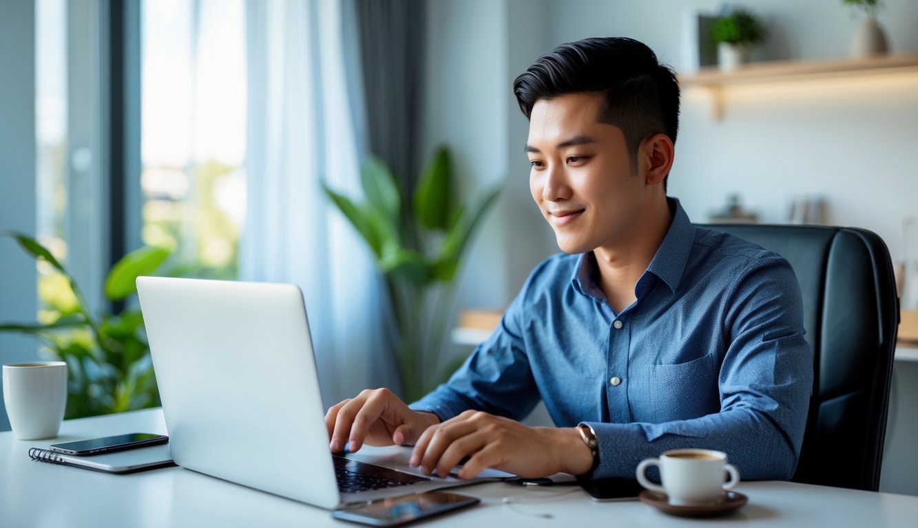 Seorang pria muda Indonesia duduk di meja dengan laptop bermain permainan kartu online, terlihat santai dan fokus di ruangan terang.