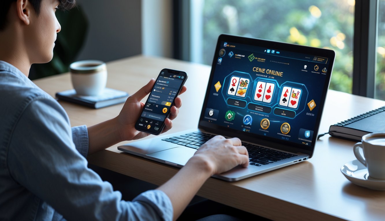 Seorang dewasa muda duduk di meja dengan laptop yang menampilkan permainan kartu online, terlihat fokus dan santai di ruang kerja yang rapi.