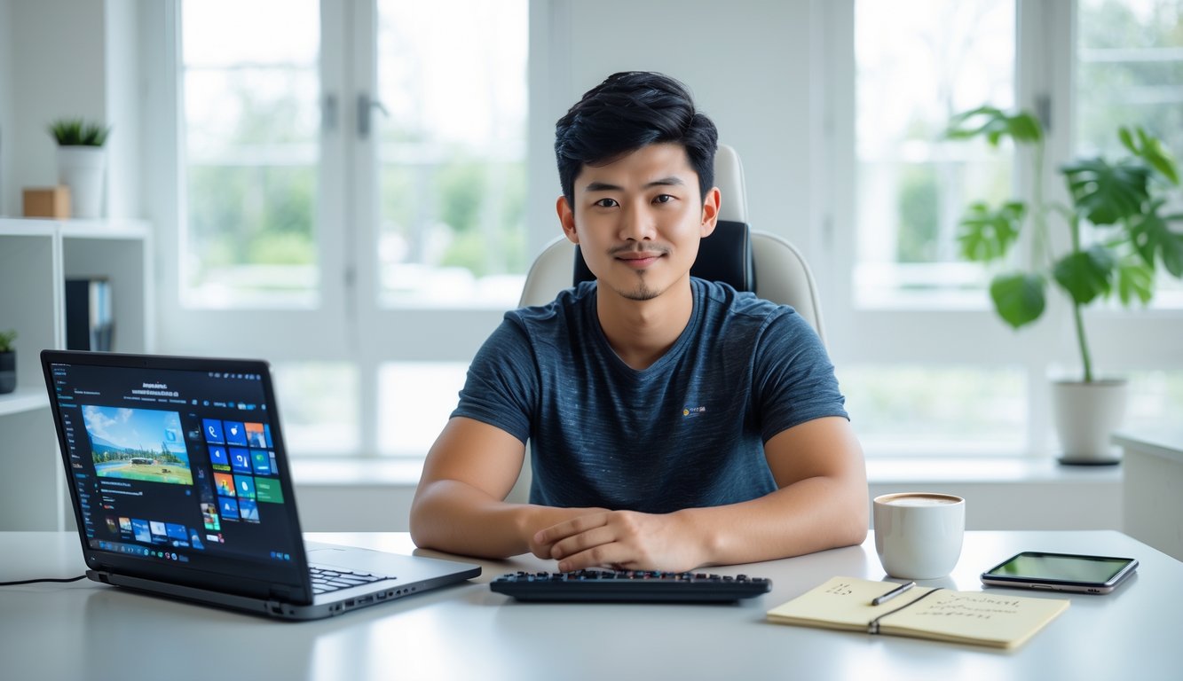 Seorang pria muda duduk di meja dengan laptop terbuka, tampak fokus dan tenang di ruangan kantor rumah yang terang dan rapi.