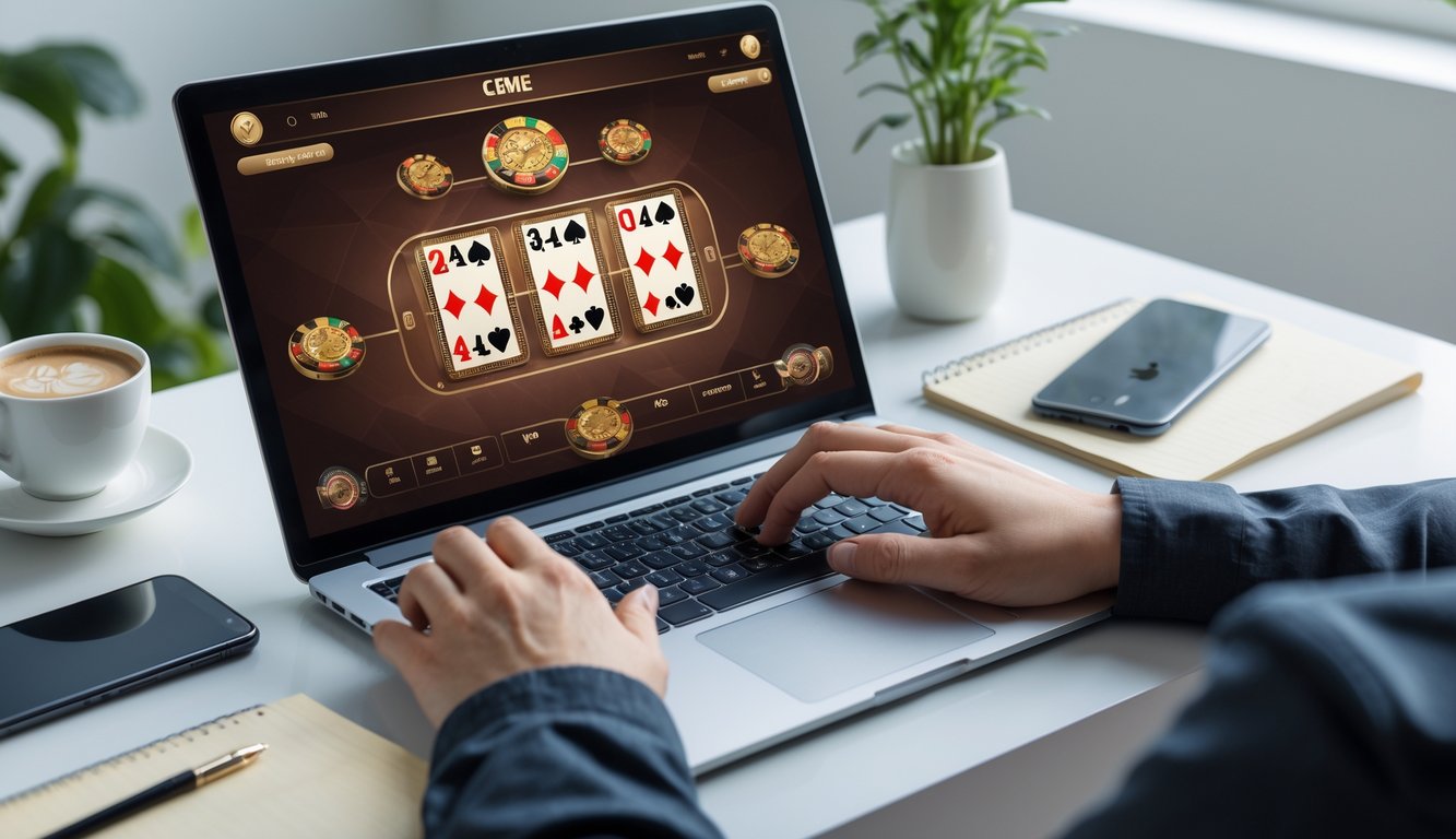 Seorang pemain menggunakan laptop untuk bermain permainan Ceme online di meja kerja yang rapi dengan kopi dan ponsel di sampingnya.
