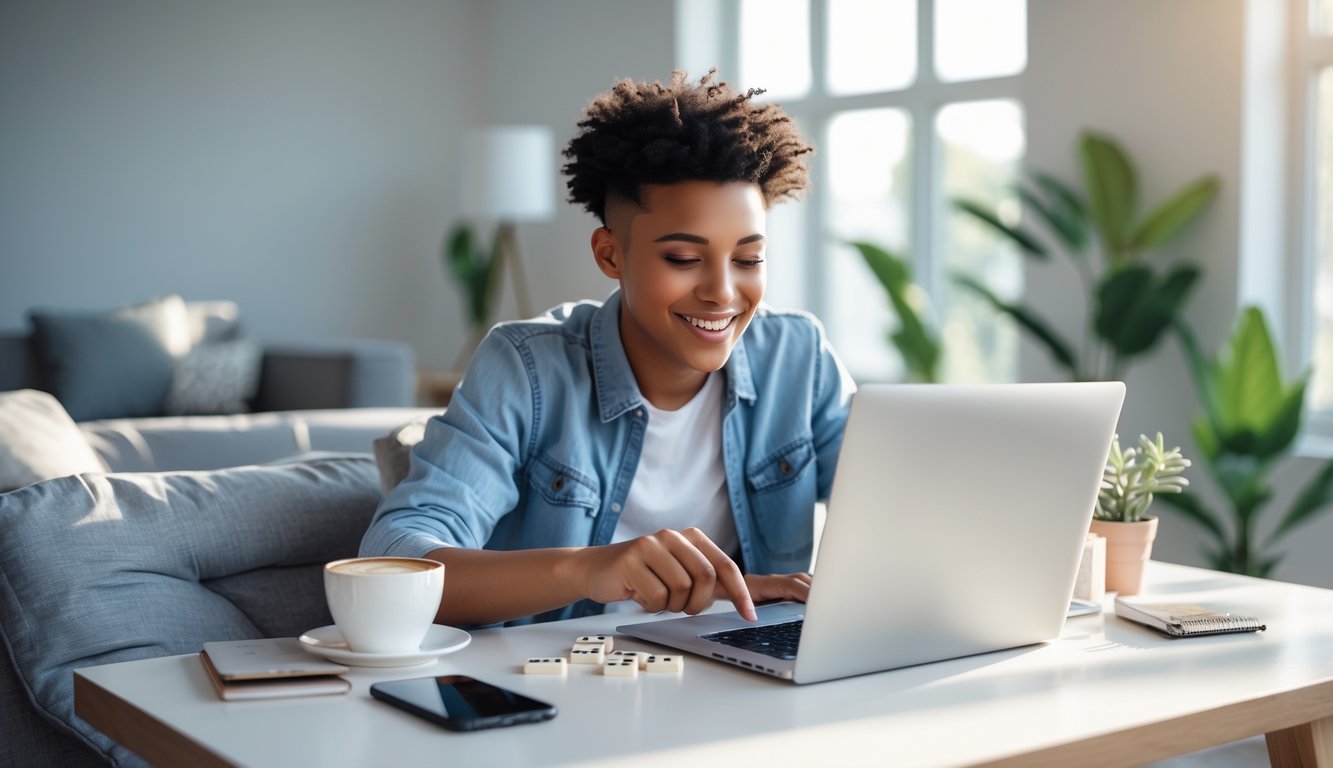 Seorang dewasa muda duduk di meja dengan laptop, bermain permainan domino online dengan ekspresi senang di ruang tamu yang terang dan nyaman.