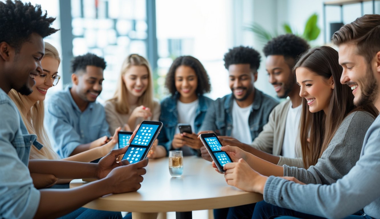 Beberapa orang muda bermain permainan domino online menggunakan ponsel dan tablet di ruang yang nyaman dan cerah.