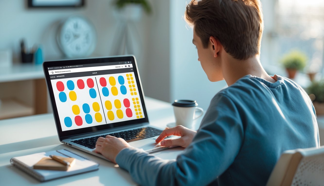 Seseorang sedang belajar bermain domino secara online menggunakan laptop di meja kerja dengan suasana ruangan yang nyaman.