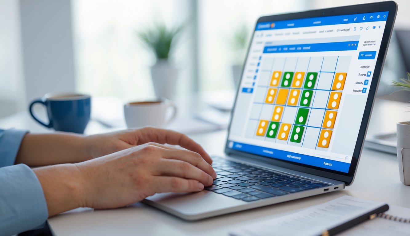 Seseorang menggunakan laptop dengan permainan domino online di layar di meja kerja yang rapi dan terang.