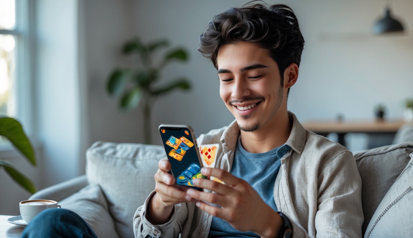 Seorang dewasa muda sedang menggunakan smartphone untuk bermain game kartu online di ruang tamu yang nyaman.