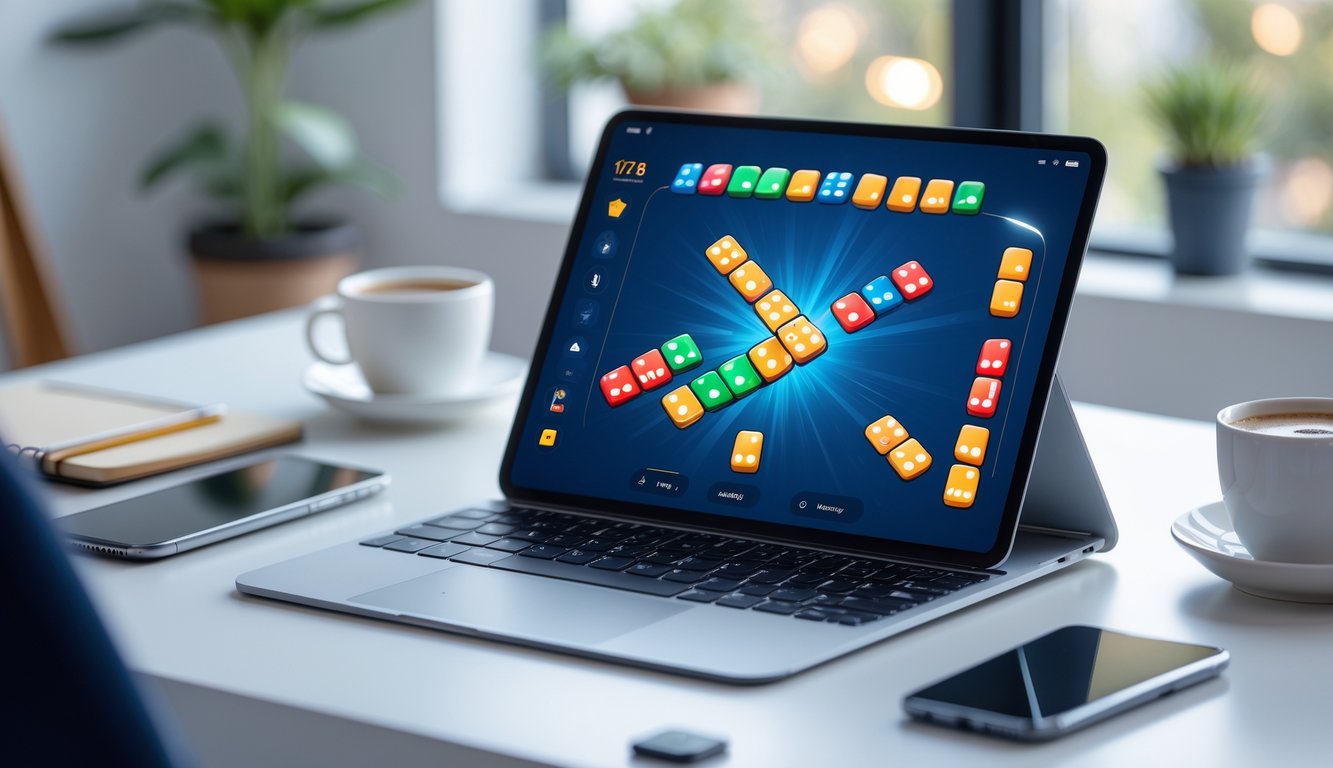 Seorang pemain sedang menggunakan laptop untuk bermain permainan domino online dengan antarmuka permainan yang cerah dan menarik.