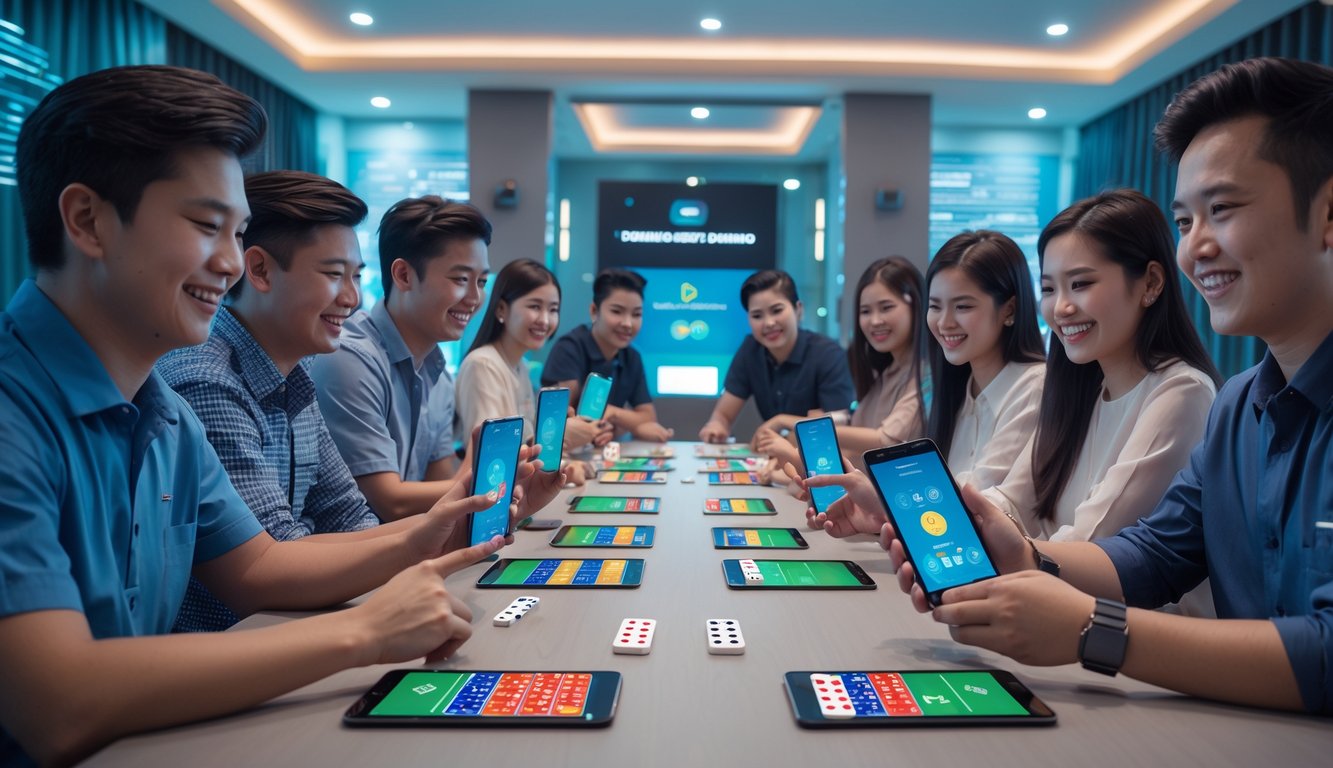 Sekelompok orang muda bermain permainan kartu domino secara online menggunakan tablet dan ponsel di sebuah ruangan modern.