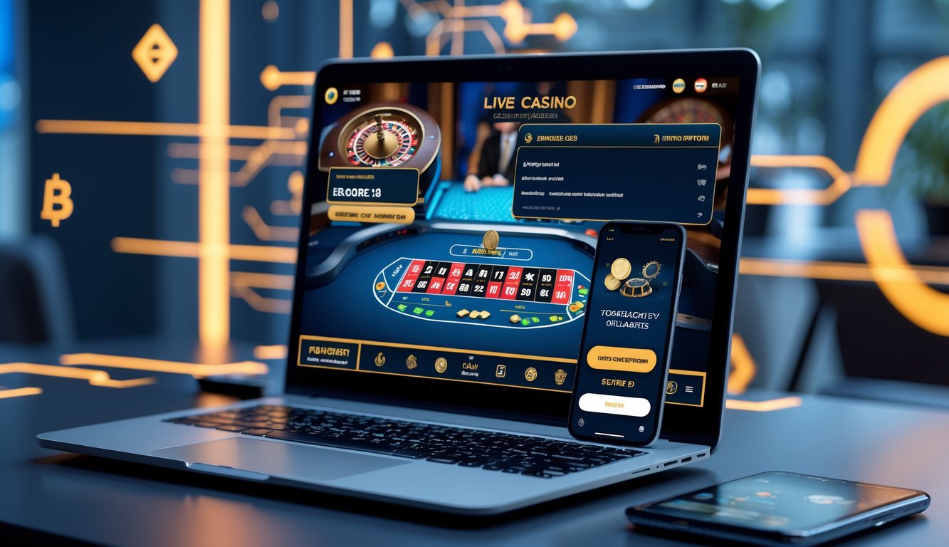 Seorang pengguna sedang bermain live casino online di laptop dengan tampilan dealer langsung dan ponsel menampilkan aplikasi bank lokal yang menunjukkan transaksi berhasil.