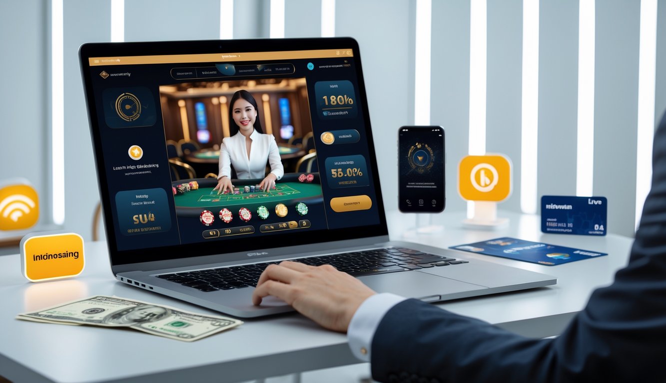 Seorang pemain menggunakan laptop untuk bermain live casino online dengan dealer langsung, di meja terdapat kartu bank lokal dan ponsel yang menunjukkan aplikasi perbankan.