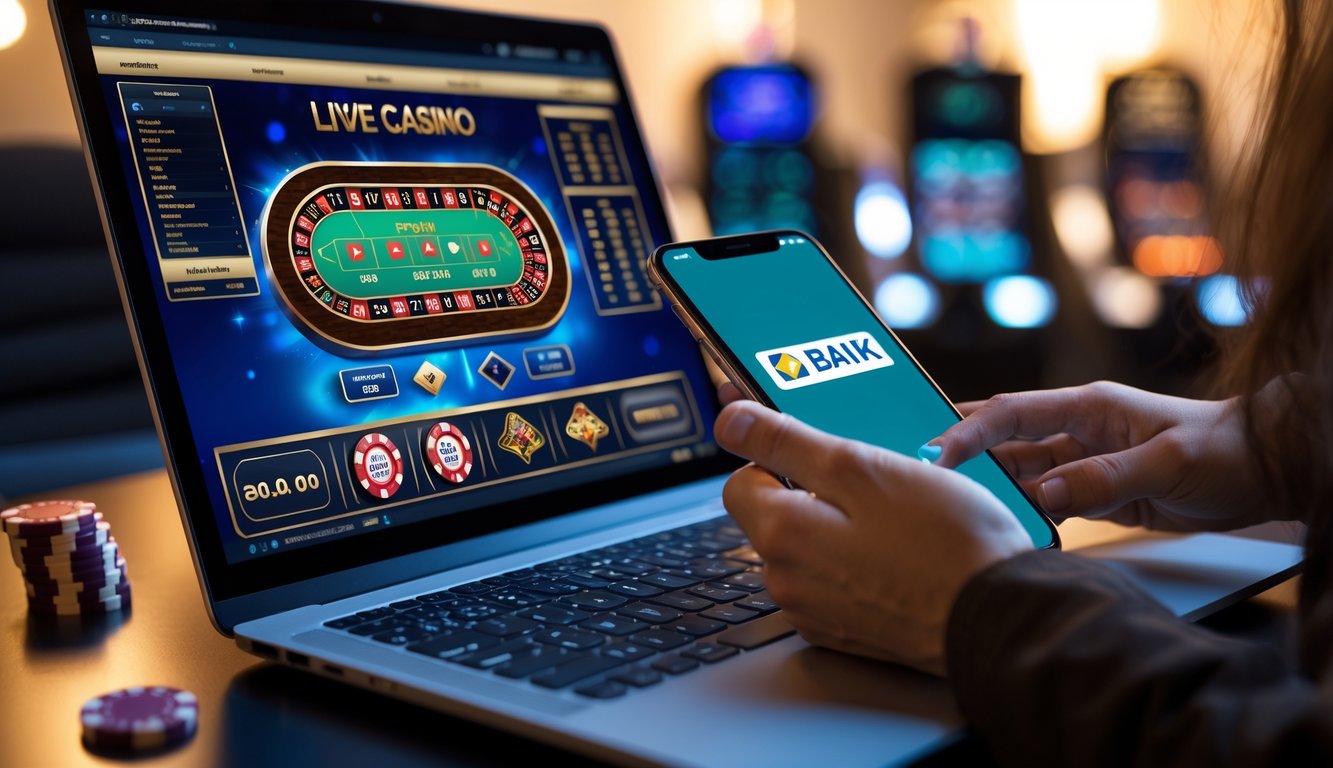 Seorang pengguna berinteraksi dengan komputer dan ponsel yang menampilkan permainan kasino langsung dan aplikasi bank lokal di atas meja.