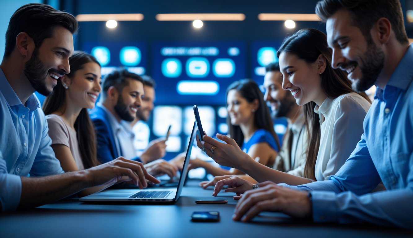 Orang-orang menggunakan laptop dan ponsel untuk bermain kasino online dengan simbol pembayaran bank lokal di latar belakang.