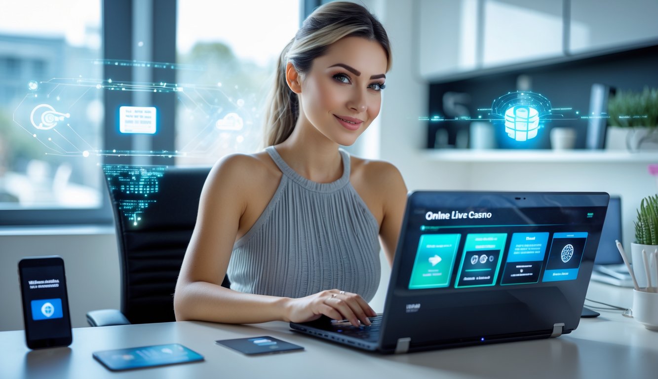 Seorang wanita muda duduk di depan laptop di ruang kerja modern, bermain kasino online dengan suasana yang aman dan nyaman.