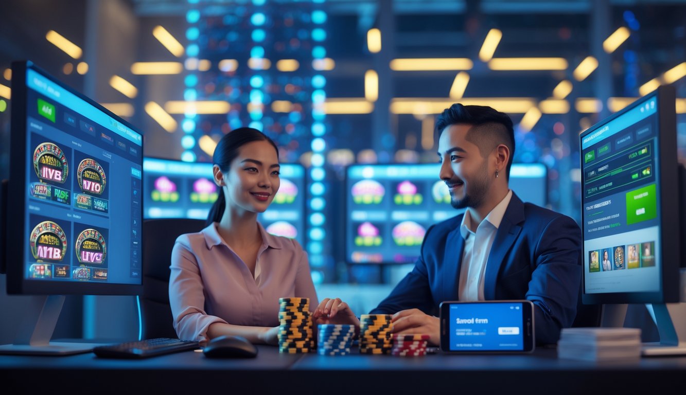 Dua pemain sedang bermain live casino online dengan komputer dan perangkat teknologi di meja, latar belakang menunjukkan ruangan server dengan peralatan jaringan yang menyala.