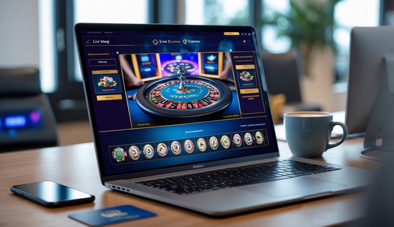 Seorang pemain menggunakan laptop dengan tampilan permainan kasino langsung yang cerah dan dealer nyata di layar, di meja terdapat ponsel dan kartu bank.