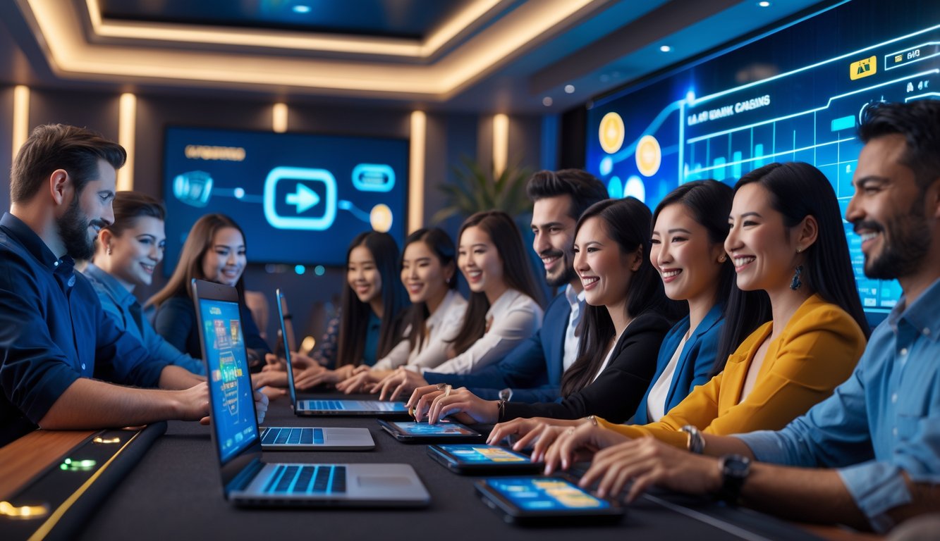 Beberapa orang bermain game kasino online secara langsung menggunakan laptop dan ponsel di ruangan yang modern dan terang.