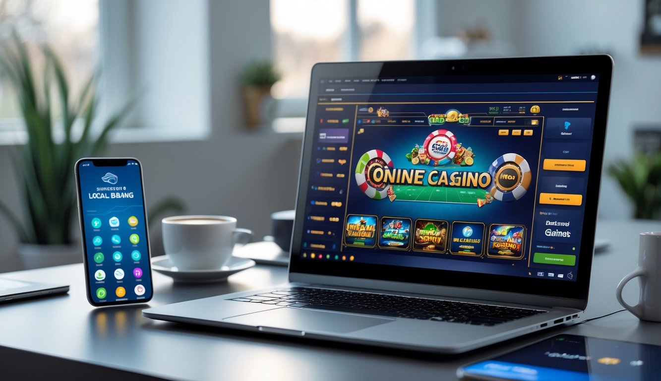 Sebuah meja kerja modern dengan laptop menampilkan permainan kasino langsung dan ponsel yang menunjukkan aplikasi perbankan lokal.