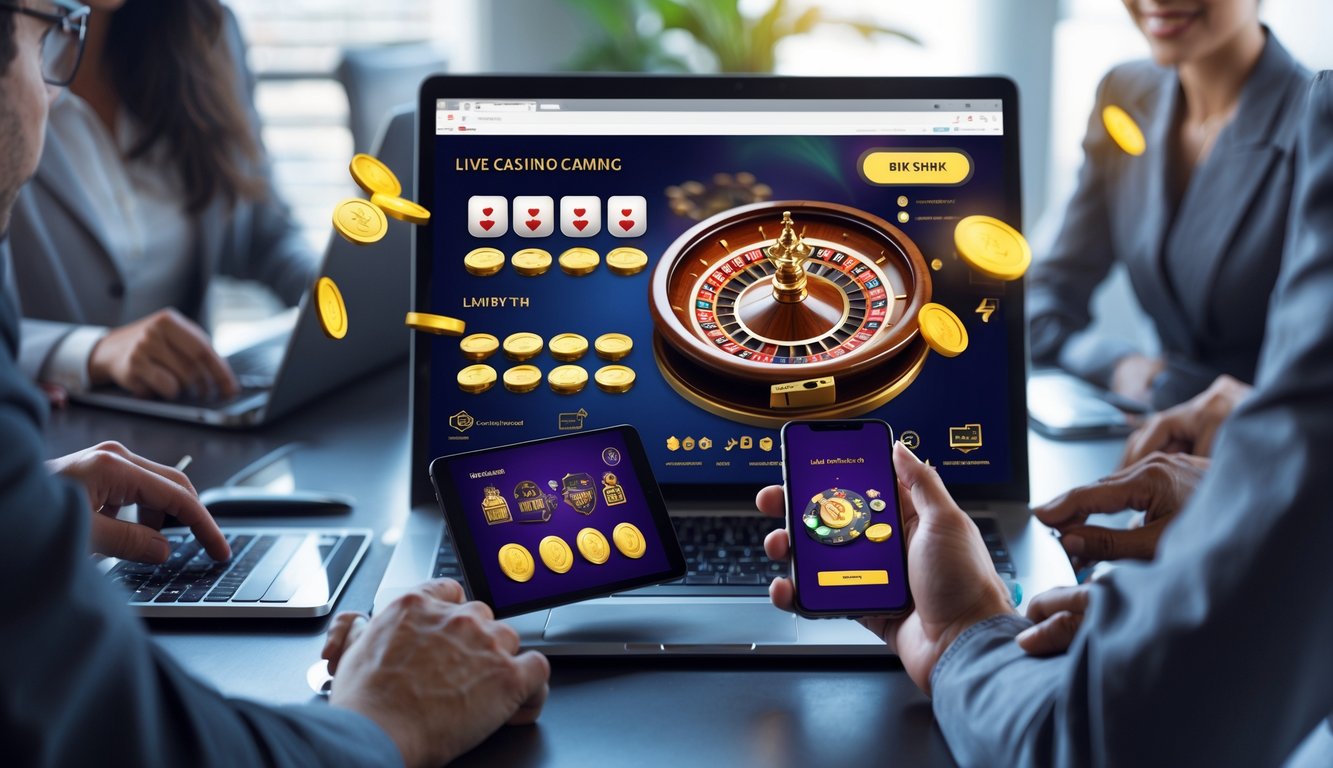 Orang-orang menggunakan perangkat digital untuk bermain kasino langsung dengan transaksi bank lokal instan di lingkungan modern.
