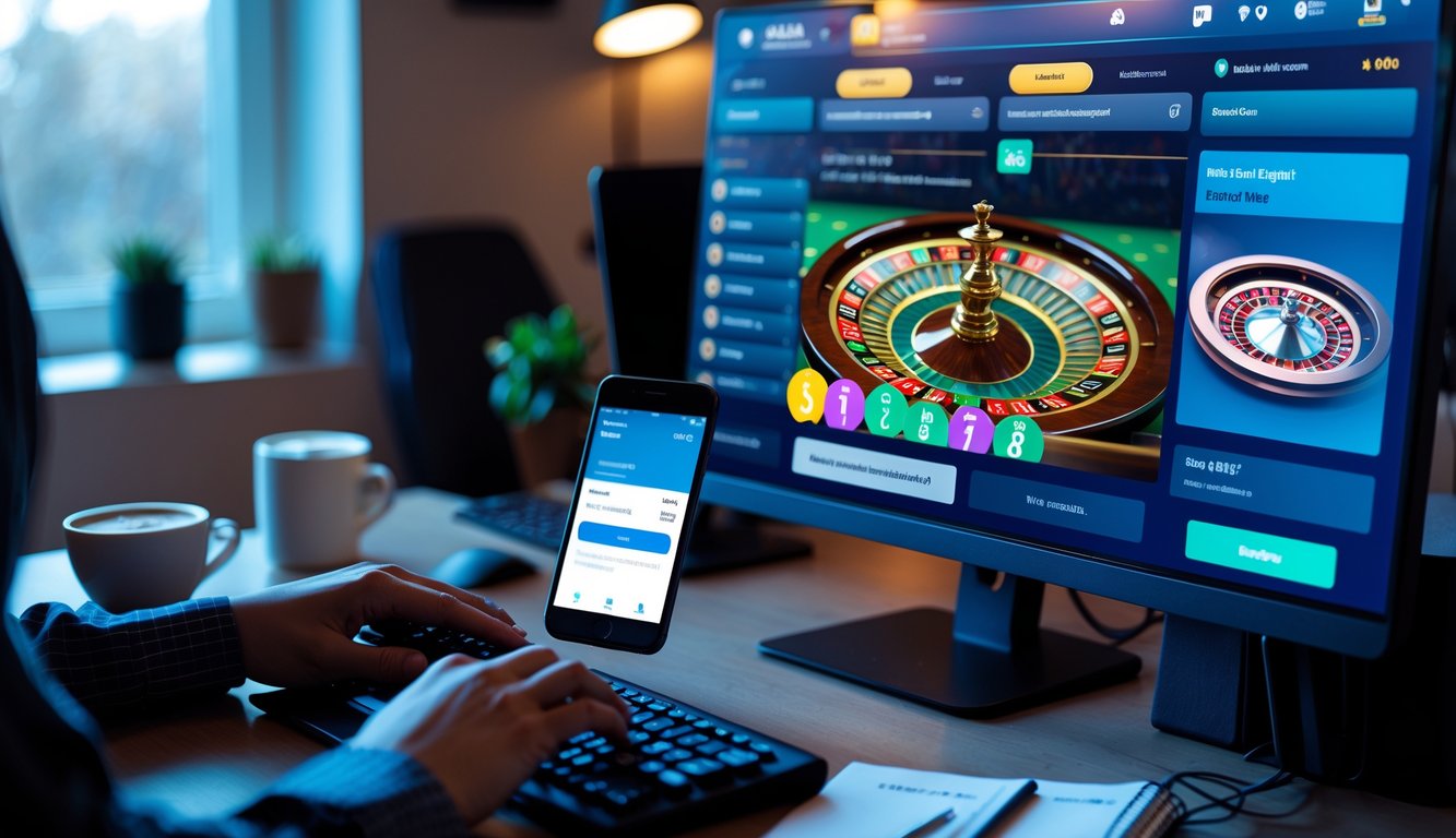 Seorang pengguna sedang bermain kasino langsung online di komputer dengan layar menampilkan permainan kasino dan ponsel menunjukkan transaksi deposit bank lokal.