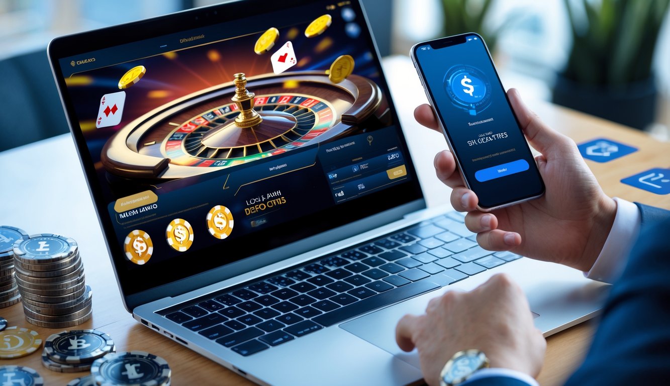 Seseorang menggunakan laptop dan smartphone untuk bermain live casino online dengan transaksi deposit bank lokal yang cepat.