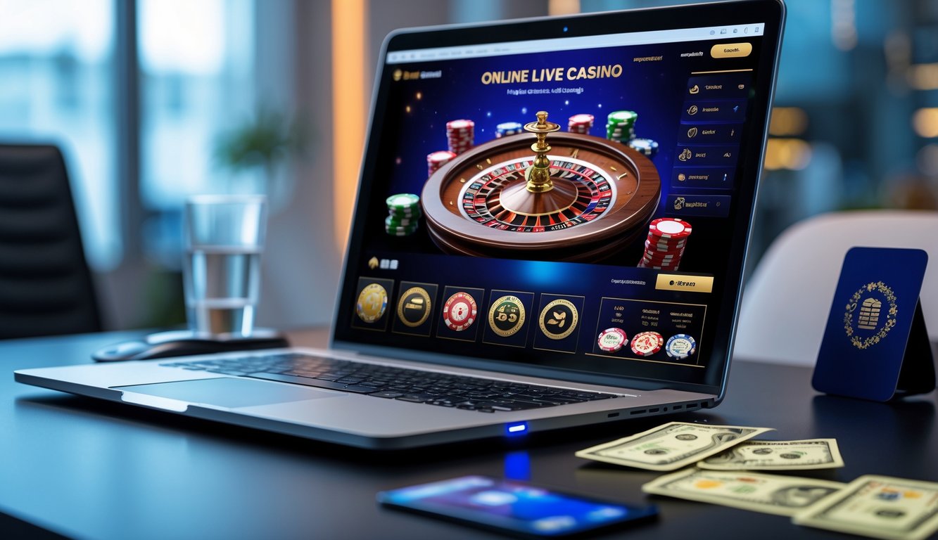 Seseorang menggunakan komputer dengan tampilan permainan kasino langsung online, menunjukkan koneksi internet cepat dan simbol bank lokal di sekitar.