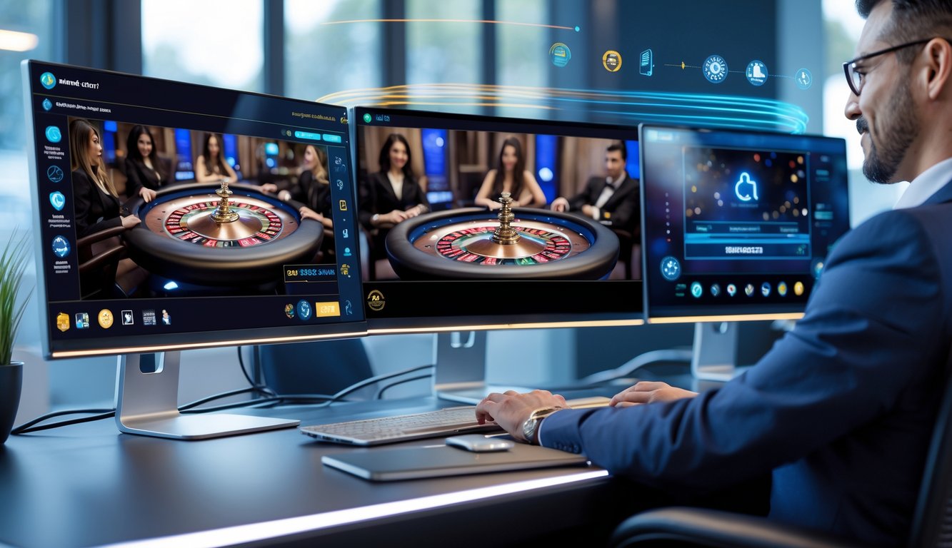 Seorang dealer kasino langsung terlihat di layar komputer dengan suasana modern dan elemen yang menunjukkan kecepatan server serta fasilitas bank lokal.