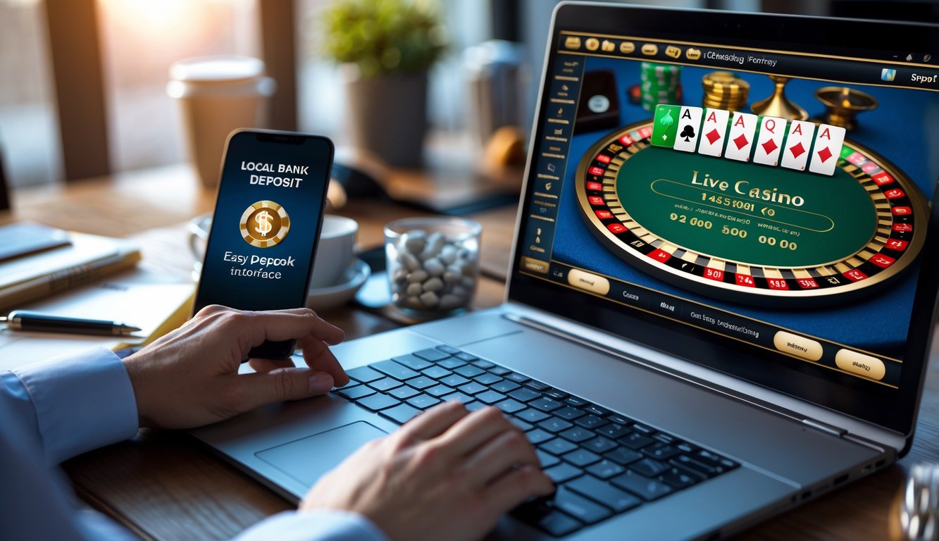 Seseorang menggunakan laptop dan ponsel di meja kerja untuk bermain kasino online dan melakukan deposit bank lokal dengan mudah.