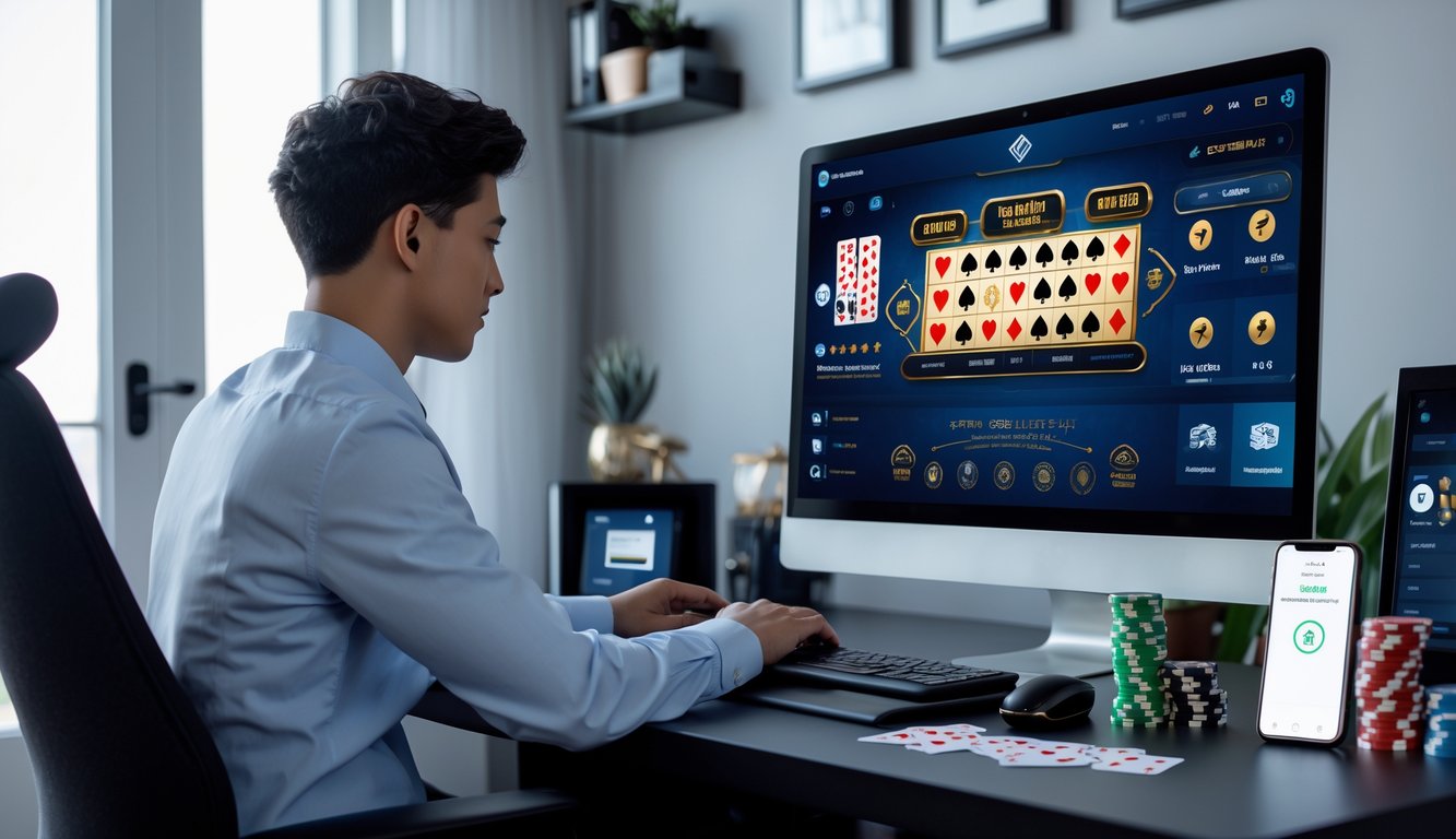 Seseorang duduk di depan komputer yang menampilkan permainan kasino langsung dengan suasana kantor rumah yang rapi dan elemen simbol transaksi bank lokal.