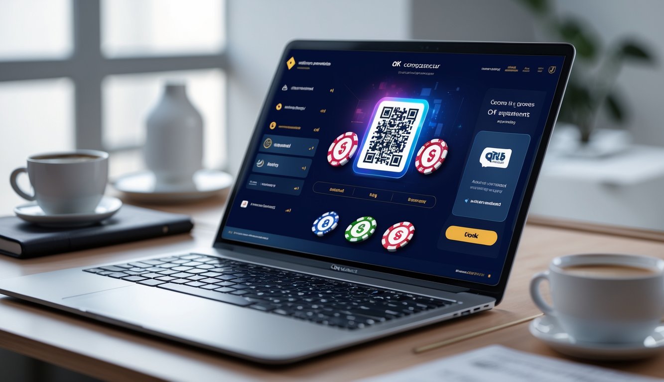 Seseorang menggunakan laptop atau ponsel untuk melakukan transaksi deposit poker online dengan metode pembayaran QRIS di meja kerja yang rapi.