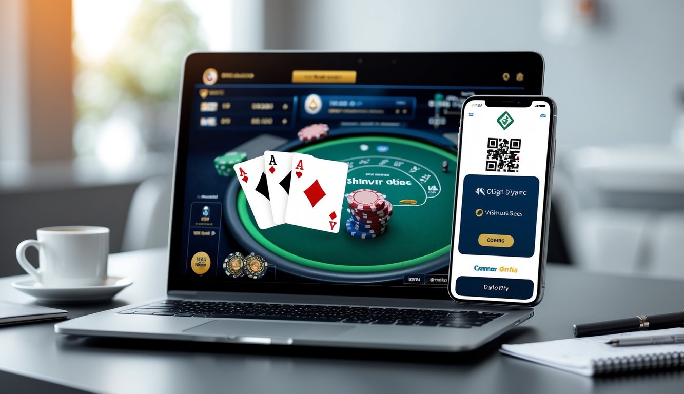 Seorang pengguna menggunakan laptop dan smartphone untuk bermain poker online dan melakukan pembayaran digital dengan QR code di meja kerja yang rapi.