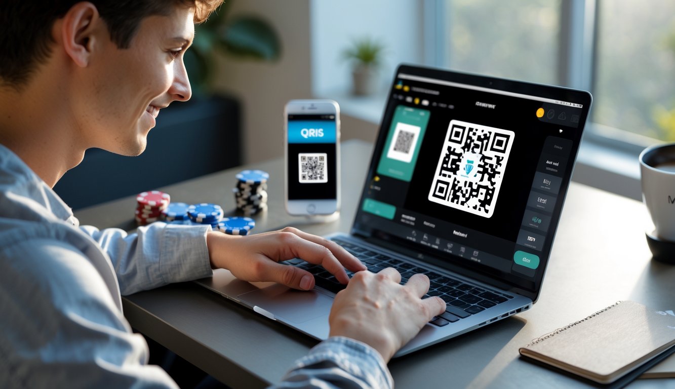 Seseorang sedang bermain poker online di laptop dengan ponsel menampilkan kode QR di meja kerja di rumah.