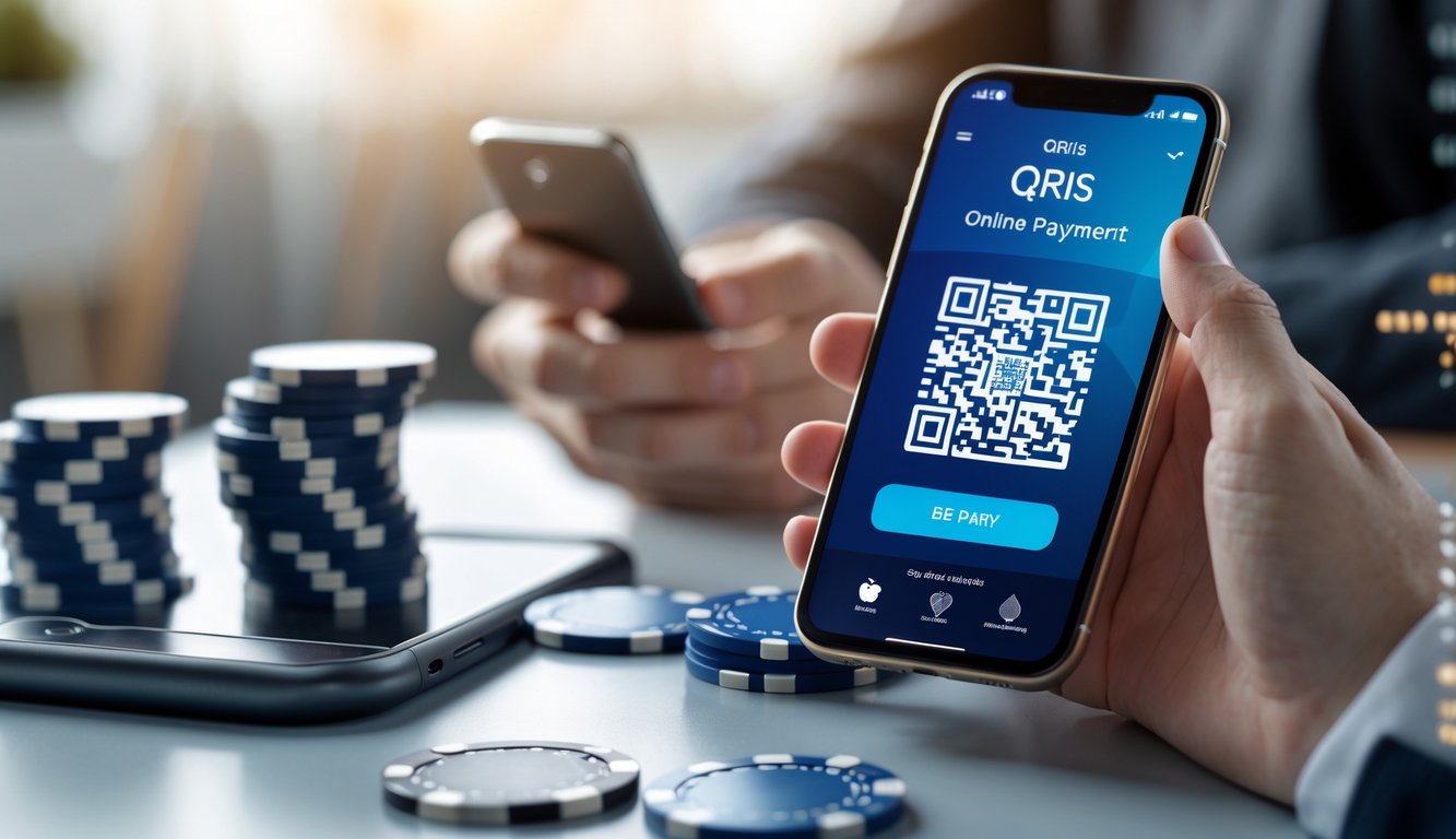 Seseorang menggunakan ponsel dengan kode QR untuk pembayaran QRIS di dekat tumpukan chip poker dan kartu bermain di atas meja.