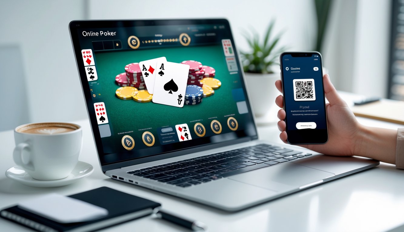 Seorang pengguna sedang melakukan transaksi poker online dengan laptop dan memindai kode QR pada ponsel di meja kerja yang rapi.