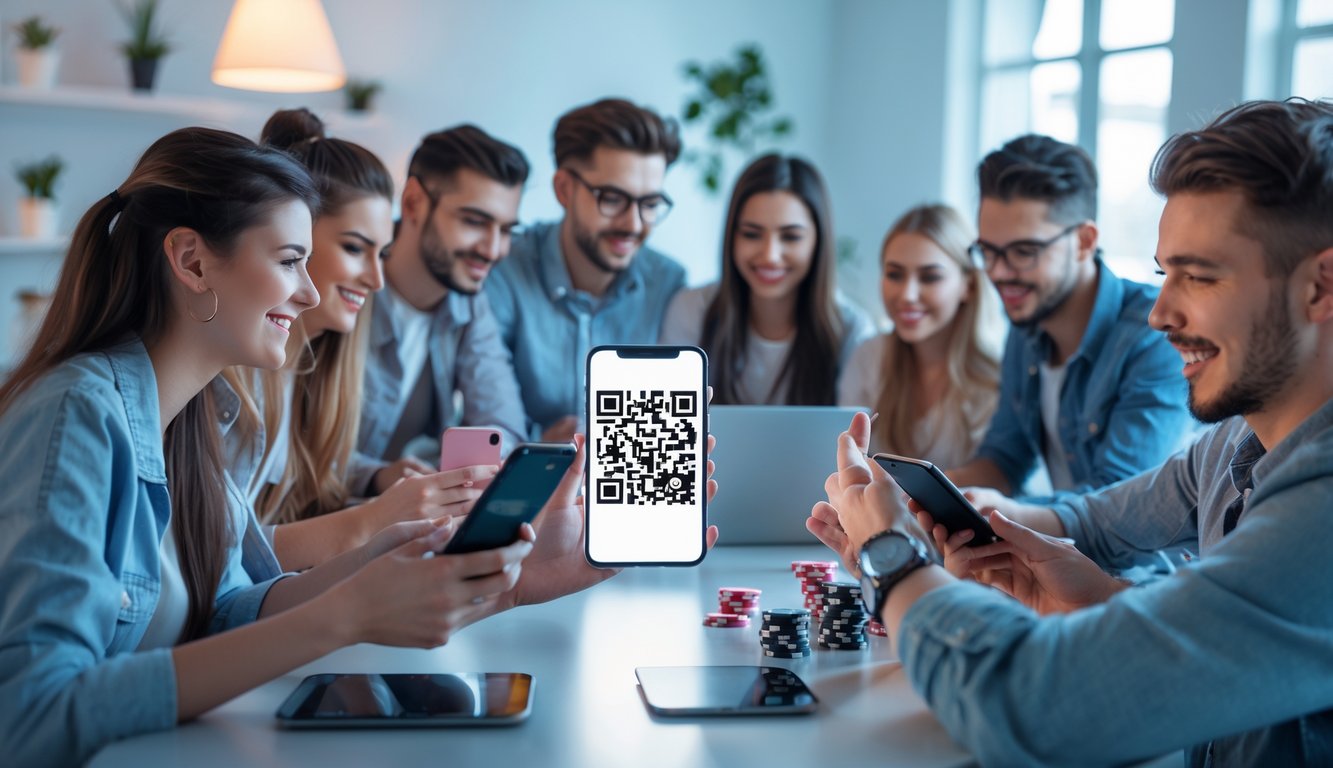 Sekelompok orang muda menggunakan smartphone dan laptop untuk bermain poker online dengan tampilan kode QR di layar ponsel.