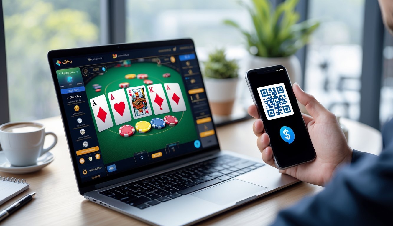 Seorang pengguna bekerja di depan laptop dengan permainan poker online di layar dan ponsel yang menampilkan kode QRIS untuk pembayaran digital tanpa potongan.