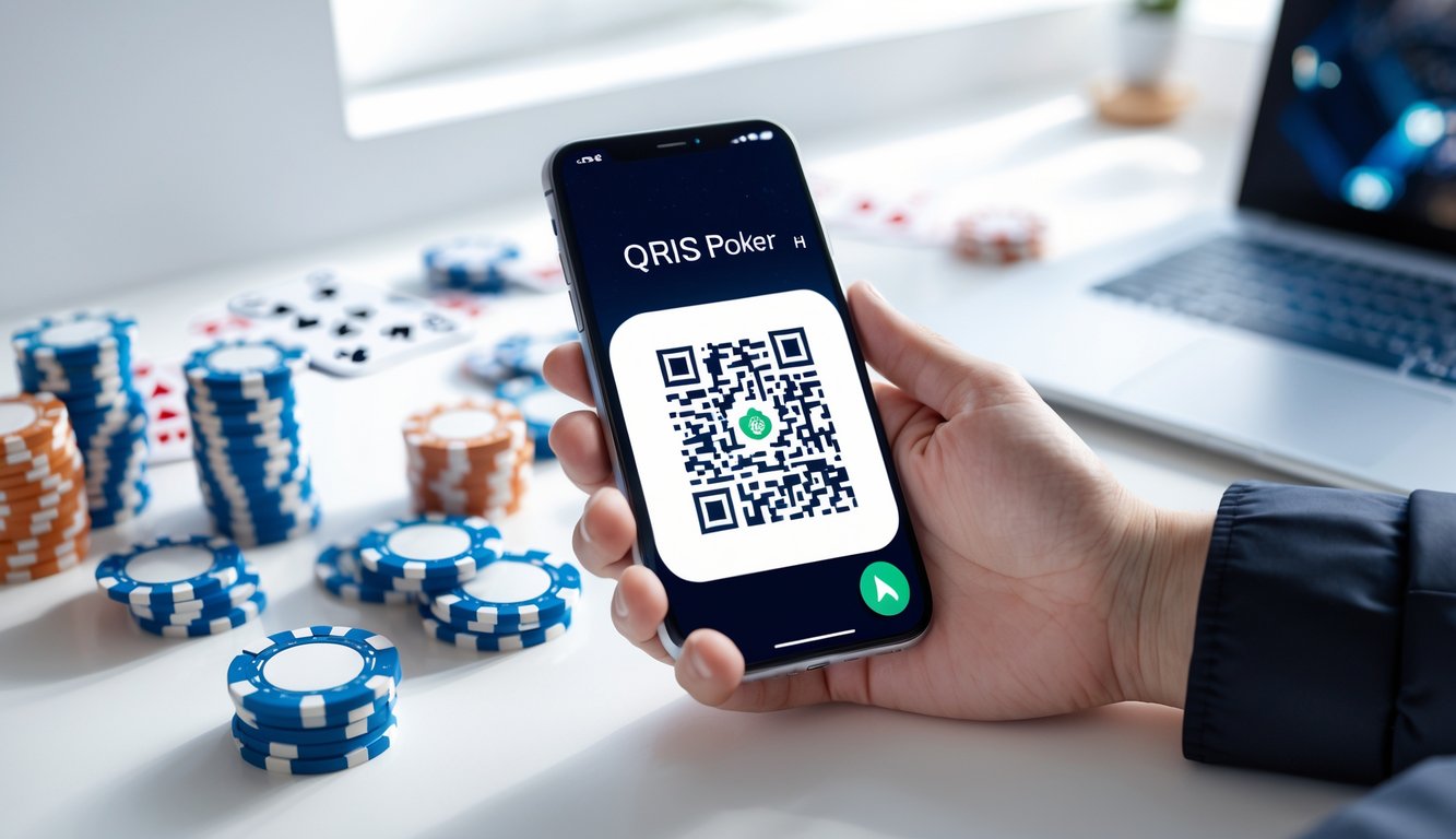 Tangan memegang ponsel yang menampilkan kode QRIS dengan chip poker dan kartu bermain di latar belakang.