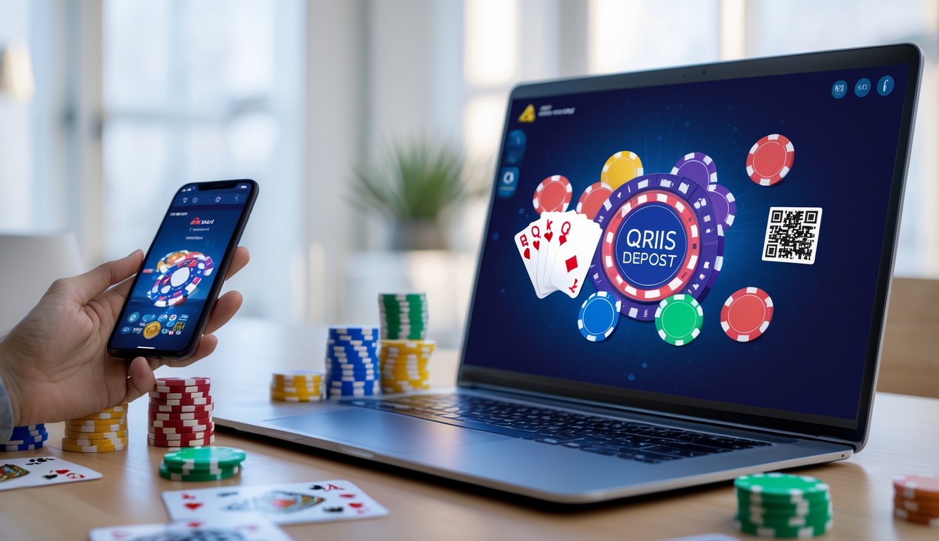 Seseorang bermain poker online di laptop dengan chip poker dan kartu, sambil memegang ponsel yang memindai kode QR di lingkungan yang rapi dan terang.
