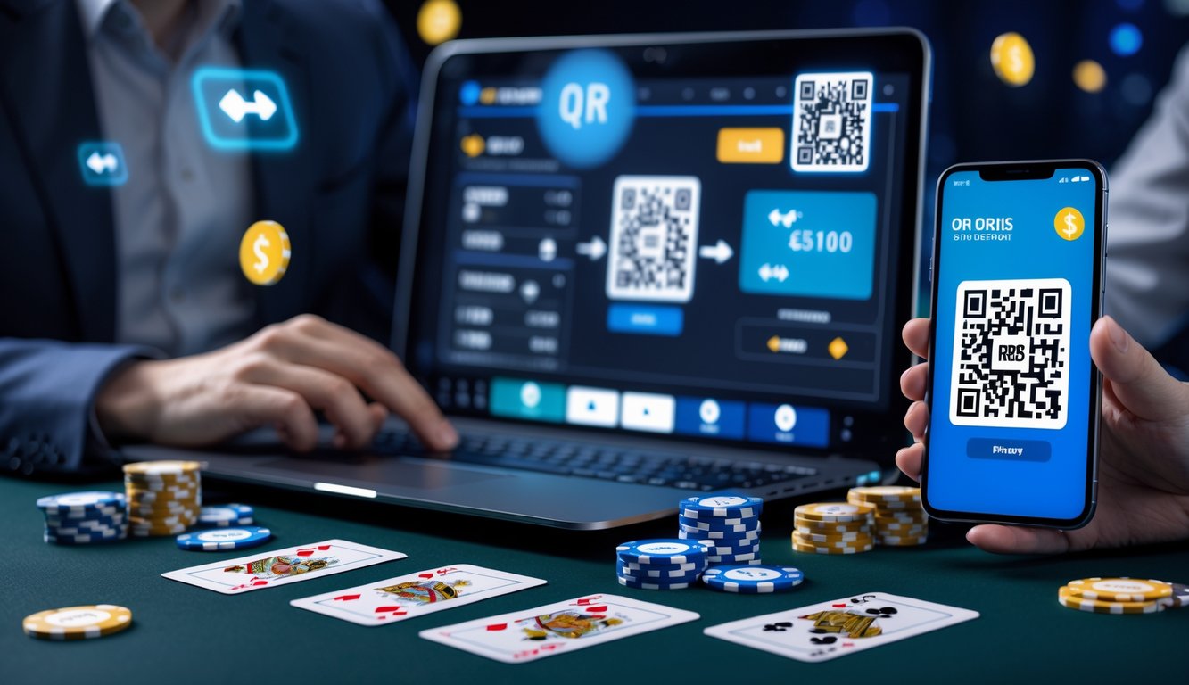 Meja kerja dengan laptop menampilkan permainan poker online, kartu remi, chip poker, dan ponsel yang menampilkan aplikasi pemindai kode QR.