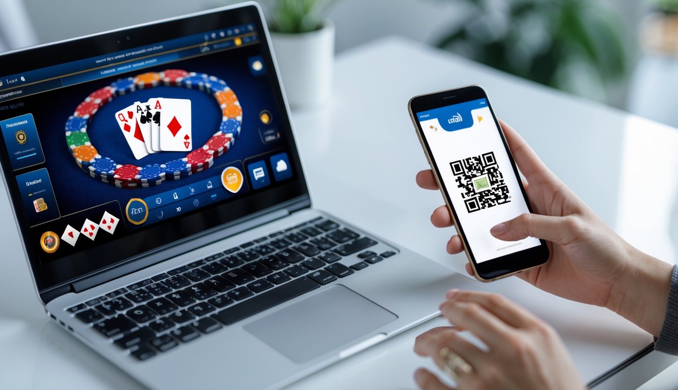 Seorang pengguna sedang bermain poker online di laptop dengan ponsel yang menampilkan kode QR untuk pembayaran.