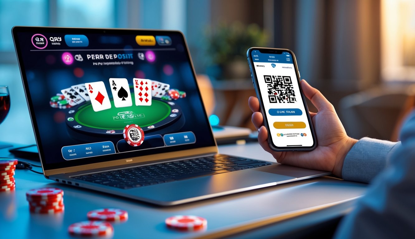 Seorang pengguna sedang bermain poker online di laptop dengan ponsel di samping yang menampilkan kode QR untuk pembayaran.