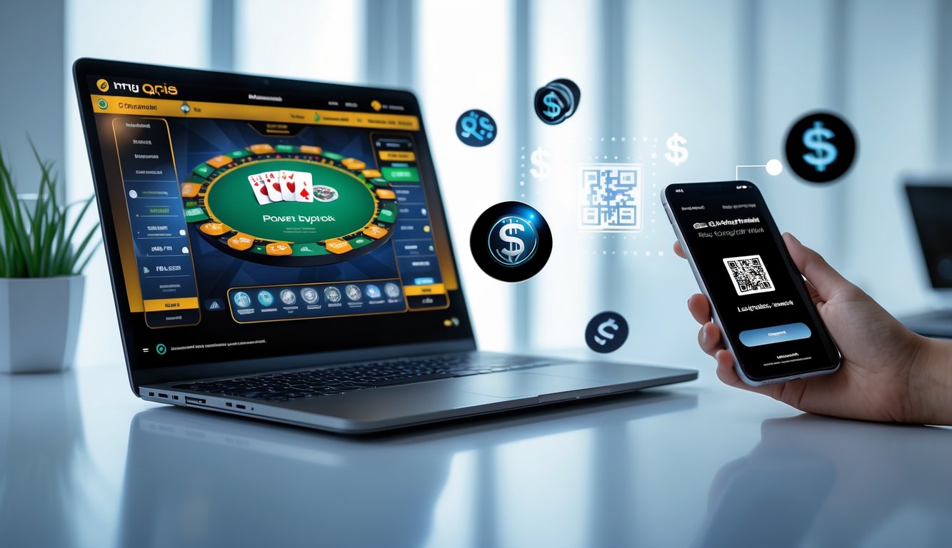 Meja kerja modern dengan laptop menampilkan permainan poker online dan ponsel yang memindai kode QR untuk pembayaran.