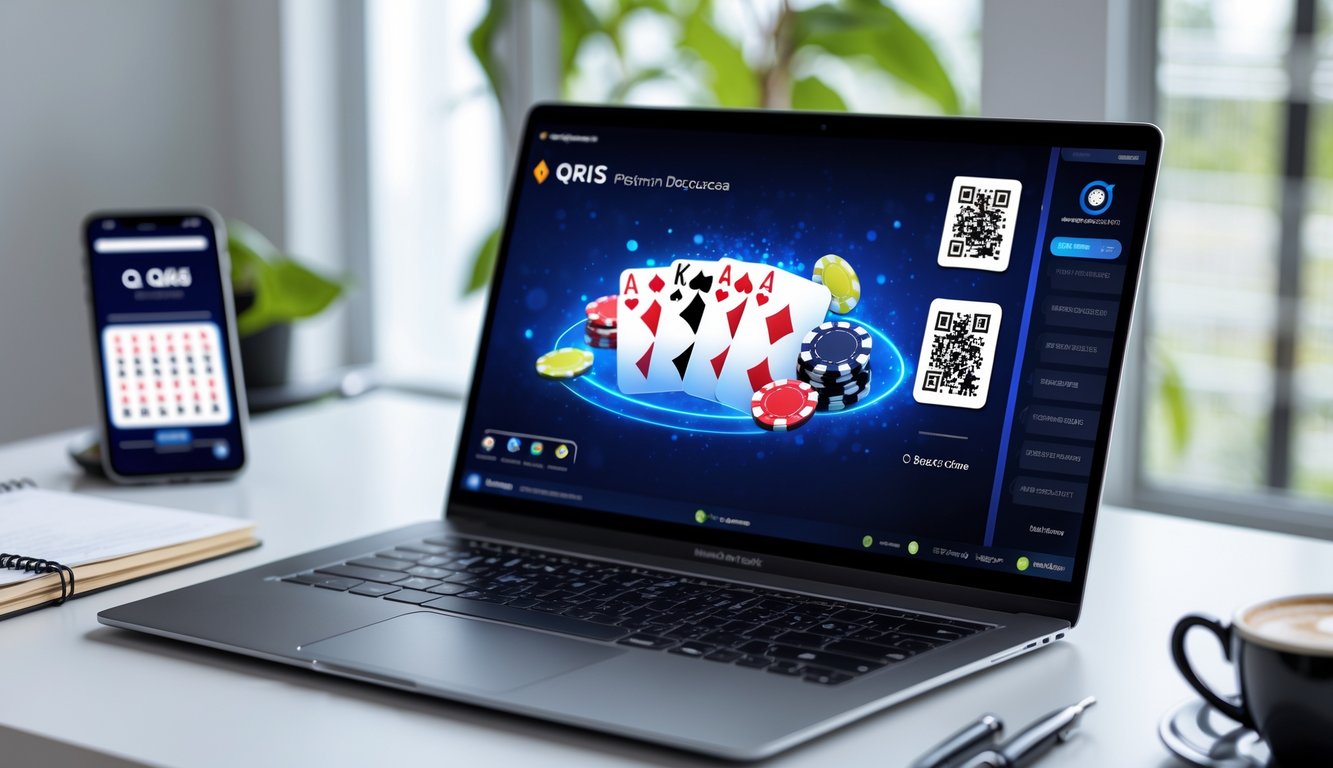 Seorang pria menggunakan laptop untuk bermain poker online dengan ponsel di samping yang menampilkan kode QR untuk pembayaran.