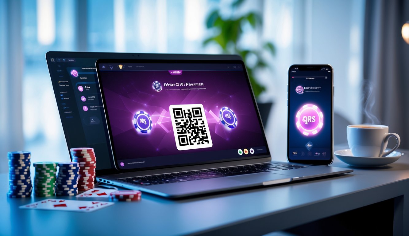 Seorang pemain poker online menggunakan laptop dan smartphone dengan kode QR di layar, dikelilingi chip poker dan kartu di atas meja kerja.