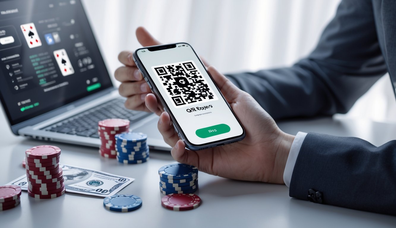 Seseorang memegang ponsel dengan kode QR di layar, dikelilingi chip poker dan kartu bermain di atas meja.