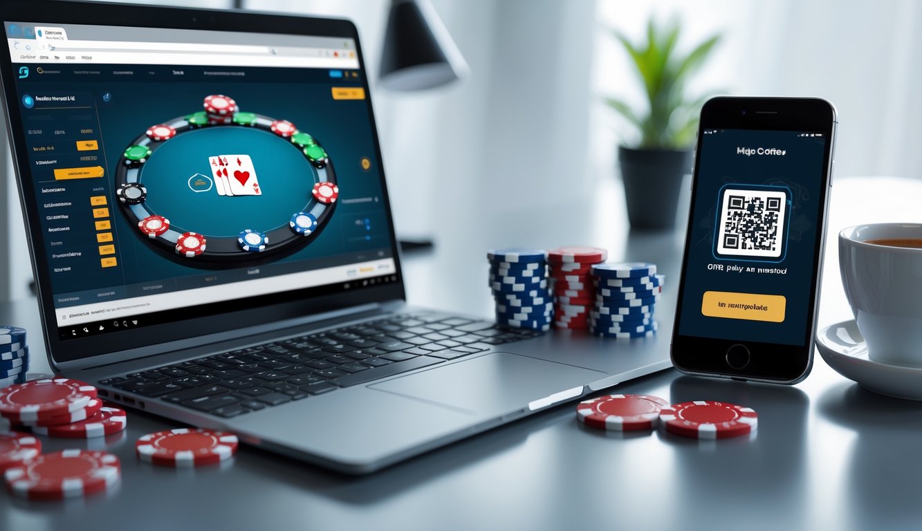 Seorang pemain poker online menggunakan laptop dan smartphone dengan kode QR di meja yang rapi, dikelilingi chip poker dan kartu remi.